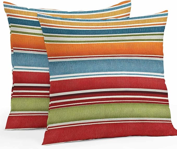 Yukro Color Striped Outdoor Waterproof Pillow Covers Pack of 2, Orange Blue Red Green Stripes Abstract Modern Throw Pillowcases Decorative Cushion Covers for Garden Patio Tent Sofa Couch, 20x20 inch
