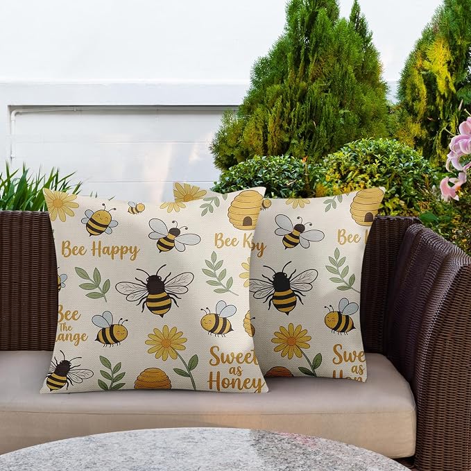 Throw Pillow Covers, Bee Sunflower, Set of 2, 18 x 18 Inch | Motivational Yellow Outdoor Waterproof Square Cushion Case Pillowcase Farmhouse Garden Decorative Pillows for Couch