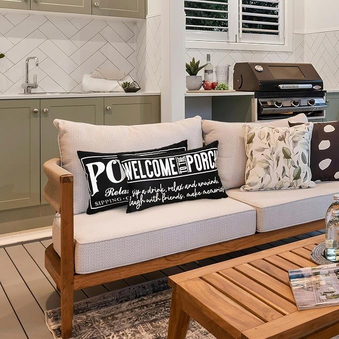 Welcome Porch Outdoor Pillow Covers 12x20 Inch Waterproof Black Decorative Throw Pillows for Patio Furniture Garden Cushion Case Bench Decor