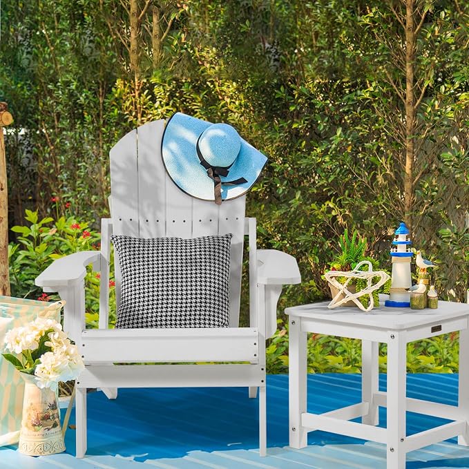 Outdoor Side Table Set of 2, HIPS Plastic Composite Adirondack Patio Table, Weather Resistant End Tables for Outside, Indoor, Patio, Garden, Pool, Porch, Backyard, Lawn, Deck - White