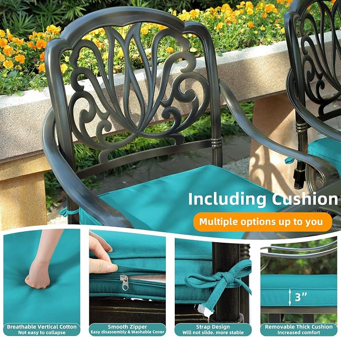 MEETWARM 7-Piece Outdoor Patio Dining Set, All-Weather Cast Aluminum Patio Conversation Set for Backyard Garden Deck with 6 Cushioned Swivel Rocker Chairs, 1 Rectangular Table, Ocean Blue