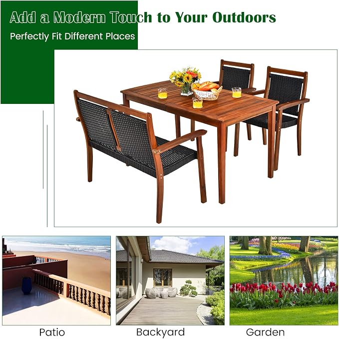HAPPYGRILL 4 Piece Patio Dining Set Outdoor PE Rattan Space-Saving Dining Table Set with Umbrella Hole, Patio Armchairs and Acacia Wood Table Set for Garden Backyard Poolside