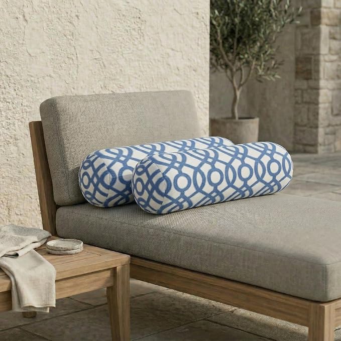 RSH DECOR: Neck Roll Bolster Pillows Set of 2 | 20” x 6" | All-Weather Spun Fabric | Water and Fade-Resistant | Outdoor Support Pillows for Patio Furniture | Made in USA (Capilla Blue)