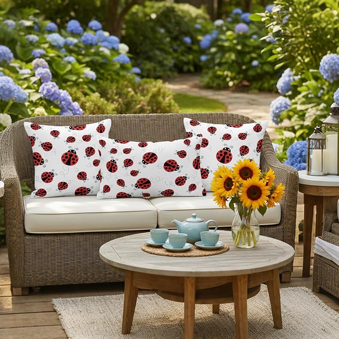 Cartoon Ladybug Outdoor Pillow Covers 16x16 Inch Throw Pillow Covers Set of 2 Waterproof Decorative Pillow Cases Funny Animals Dot Modern Simple Cushion Covers for Patio Furniture Garden Couch Sofa