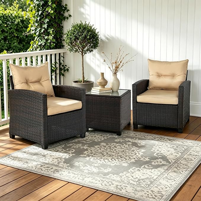 SHGJ&SOFT 3 Pieces Patio Furniture Set, Outdoor Conversation Set with Cushions, PE Rattan Wicker Bistro Set and Tempered Glass Tabletop, Outdoor Rattan Sofa for Poolside,Porch,Balcony (Beige)