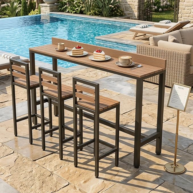 Outdoor Patio Bar Height Table with Baffle, Weather Resistant High Counter Table Porch Pub Tables Wood-Plastic Tabletop, for Poolside Garden Balcony Restaurant Cafe(Black,70.8"x15.7"x40.5")
