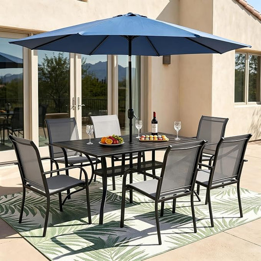 Crownland 7 Piece Patio Dining Set, Outdoor Textilene Dining Sets, 6 Textilene Metal Chairs and Rectangular Outdoor Dining Table with Dark Blue 9FT Round Outdoor Umbrella (Grey)