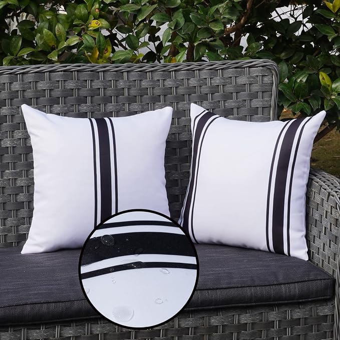 ONWAY Outdoor Pillow Covers 16x16 Waterproof Set of 2 Decorative Throw Cushion Cover White and Black Striped Outdoor Pillows for Patio Furniture