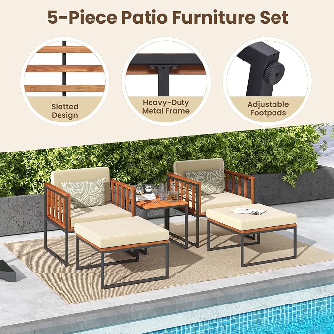 HAPPYGRILL 5 Pieces Patio Conversation Set Acacia Wood Outdoor Furniture Set with Chairs, Ottomans & Coffee Table, Soft Seat & Back Cushions, Patio Wood Chair Set for Backyard Poolside Garden