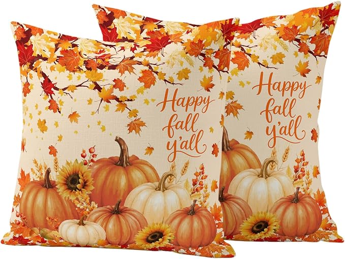 Orange Fall Waterproof Outdoor Pillow Covers 26''x26'' Set of 2, Maple Tree Branch Thanksgiving Pumpkin Patio Cushion Covers for Chairs,Decorative Countryside Leaves Pillow Cases for Garden/Pool/Beach