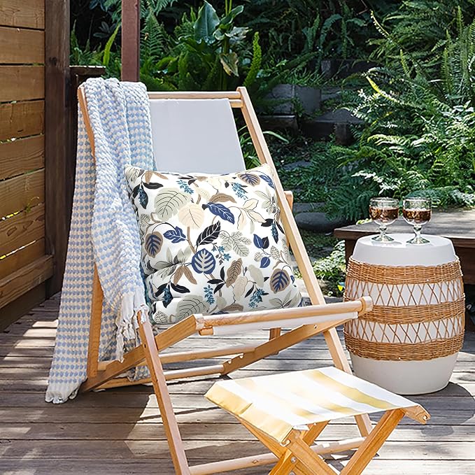 Outdoor Pillow Covers for Patio Furniture 20x20 Inch, Decorative Patio Throw Pillow Covers Set of 2, Modern Square Cushion Cases for Porch Garden Home Office, Breeze Leaves Beige