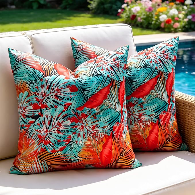 Outdoor Pillow Covers Tropical Leaves Waterproof Summer Throw Pillow Covers Decorative Blue Red Leaf Couch Covers 20x20 Set of 2 Square Cushion Cases for Patio Furniture Garden Tent Balcony Bench