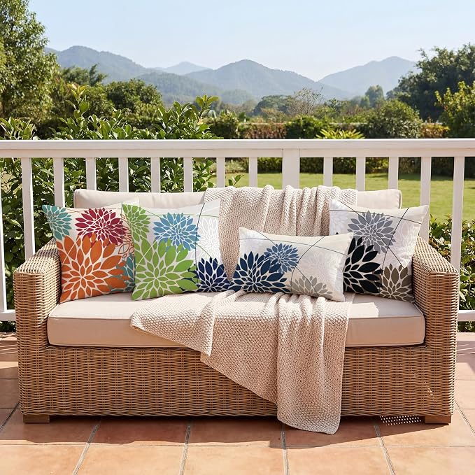 OTOSTAR Outdoor Orange Red Pillow Covers 16x24 Inch Set of 2 Cyan Flower Throw Pillows Farmhouse Geometric Dahlia Floral Lumbar Cushion Case Waterproof Decor for Sofa Patio Funiture Garden