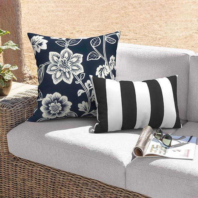 Outdoor 20x20 Inch Throw Pillows with Inners, Square Pillows Decorative Set of 2 for Home Garden Furniture, Elegant Vines Navy