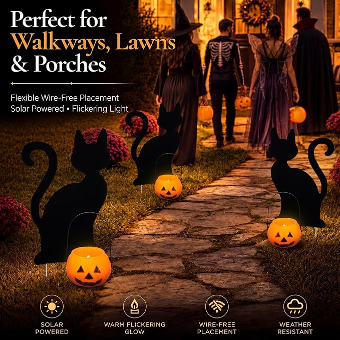 Fumete 4 Sets Halloween Decorations Outdoor Solar Pathway Lights Halloween Black Cats Yard Stakes Pumpkin Solar Candles Wire Free Garden Outdoor Lights for Yard Lawn Pathway Walkway Decorations