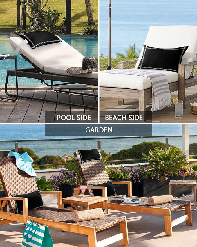 Outdoor Pillows Covers with Inserts Solid Color Black Waterproof Recliner Pillow with Adjustable Strap Throw Pillows for Patio Furniture Pool Lounge Chair, 11x16 inch, 1PCS
