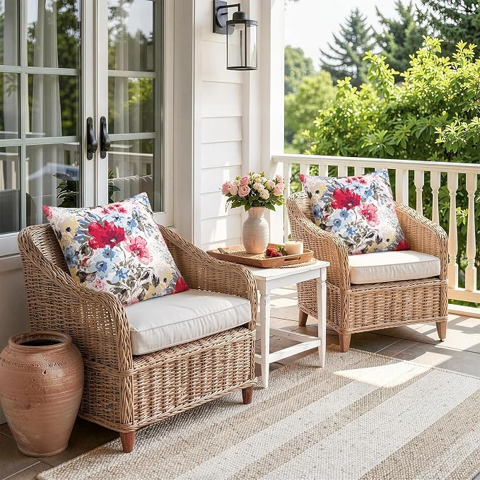 Merrycolor Pack of 2 Outdoor Waterproof Throw Pillow Covers 18x18 Summer Red Floral Decorative Square PillowcaseOutdoor Pillow Covers for Patio Furniture Garden