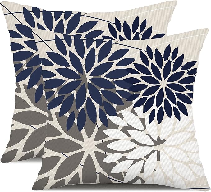 DFXSZ Pack of 2 Outdoor Waterproof Throw Pillow Covers 20x20 NavyBlue Grey | Polyester Colorful Spring Summer Floral Decorative Cushion Cases(NO INSERT),For Couch Patio Funiture Garden Home Decor