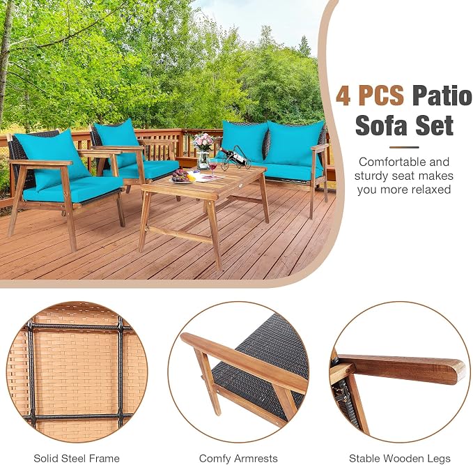 HAPPYGRILL 4-Piece Outdoor Rattan Sofa Set Acacia Wood Frame Conversation Set with Coffee Table, Sectional Furniture Set with Cushions for Backyard Porch Garden Poolside Balcony