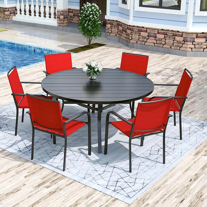 Anmutig 7 Piece Patio Dining Set 54 Inch Round Table Stackable Chairs Red | Powder-Coated Steel Frame, Quick-Dry Textilene Mesh, Dual-Size Umbrella Hole, Weather Resistant, Patio, Garden, Backyard