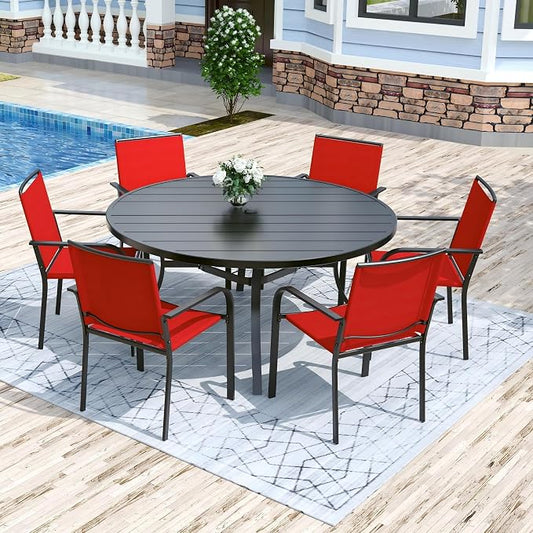 Anmutig 7 Piece Patio Dining Set 54 Inch Round Table Stackable Chairs Red | Powder-Coated Steel Frame, Quick-Dry Textilene Mesh, Dual-Size Umbrella Hole, Weather Resistant, Patio, Garden, Backyard