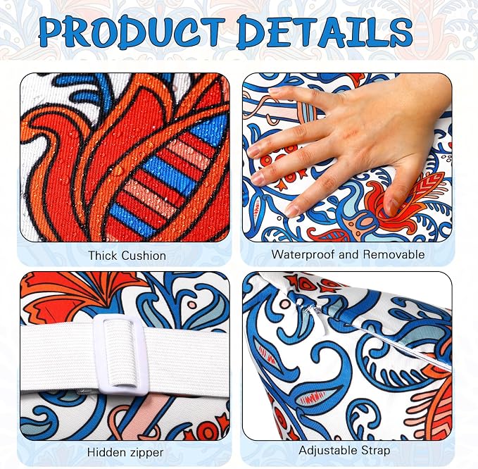 Lineshading 4 Pcs Chaise Lounge Pillow with Strap Outdoor Waterproof Pool Chair Neck Headrest Pillows with Adjustable Elastic Band for Beach Patio Chair Recliner(Orange Blue,Paisley)