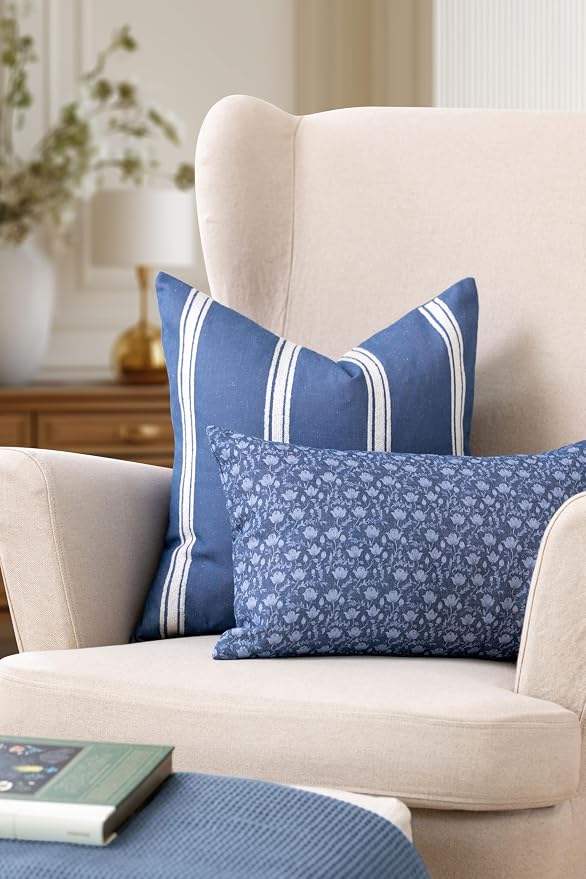 California Casual Coastal Indoor Outdoor Lumbar Pillow Cover, 12"x20" Water Repellent for Patio, Backyard, Couch, Poolside, Azure Blue Print Botanical Flowers and Leaves