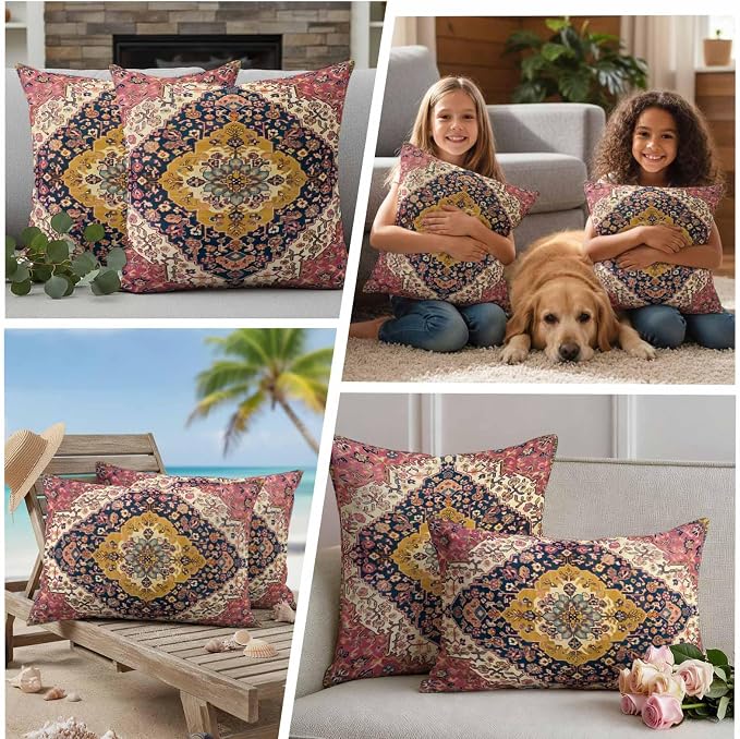 Southwest Aztec Waterproof Outdoor Pillow Covers Set of 2 Home Decor, Boho Tribe Traditional Floral Patterned Pillowcase Patio Pillow Covers for Couch Bench Furniture Garden 20x20in