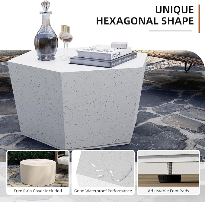 UPHA 28" Hexagon Outdoor Coffee Table, Modern Hollow Concrete Patio Table, Small Minimalist Low Accent Table for Living Room, Balcony, Deck, Backyard, Off-White