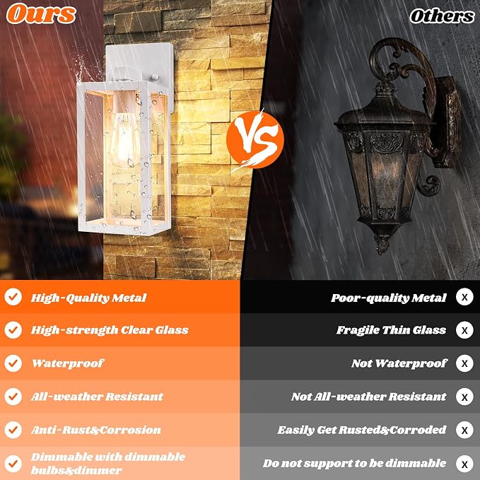 2-Pack Outdoor Wall Light Fixtures, Waterproof Anti-Rust Outside Wall Sconce Lantern with Clear Glass, Exterior Front Porch Lights for House Garage Doorway, Bulbs Not Included, White