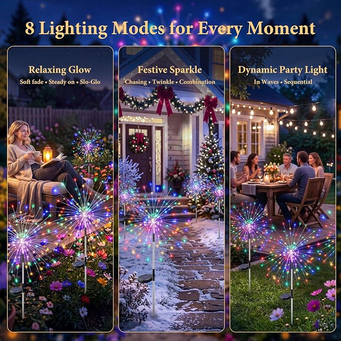 Solar Firework Lights Outdoor 8 Pack, 120LED Solar Starburst Garden Lights with 8 Modes, Waterproof Decorative Sparkle Light for Backyard, Garden, Patio Lawn Landscape & Halloween Party Decor