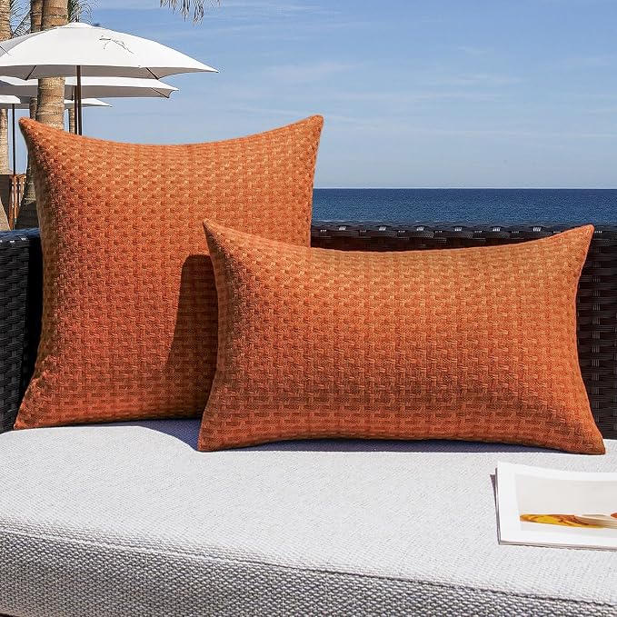 Kevin Textile Outdoor Waterproof 18"x18" Pillow Covers 2 Pack, Burnt Orange | Water Resistant Weaving Faux Linen Texture Throw Pillow Covers, Outside Decorative Pillowcases for Garden Patio Balcony Couch