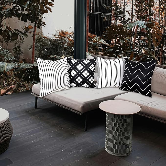 TAJWE Outdoor Waterproof Pillow Covers 20X20 Set of 4 Black and White Modern Geometry Stripe Decorative Cushion Cases for Patio Furniture Couch Porch Black