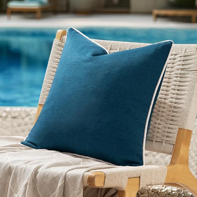 ANRODUO Set of 2 Outdoor Waterproof Pillow Covers 16x16 Inch Navy Blue Decorative Throw Pillow Covers Linen Square Solid Color Couch Pillow Covers for Patio Tent Bed Sofa and Living Room Summer Decor
