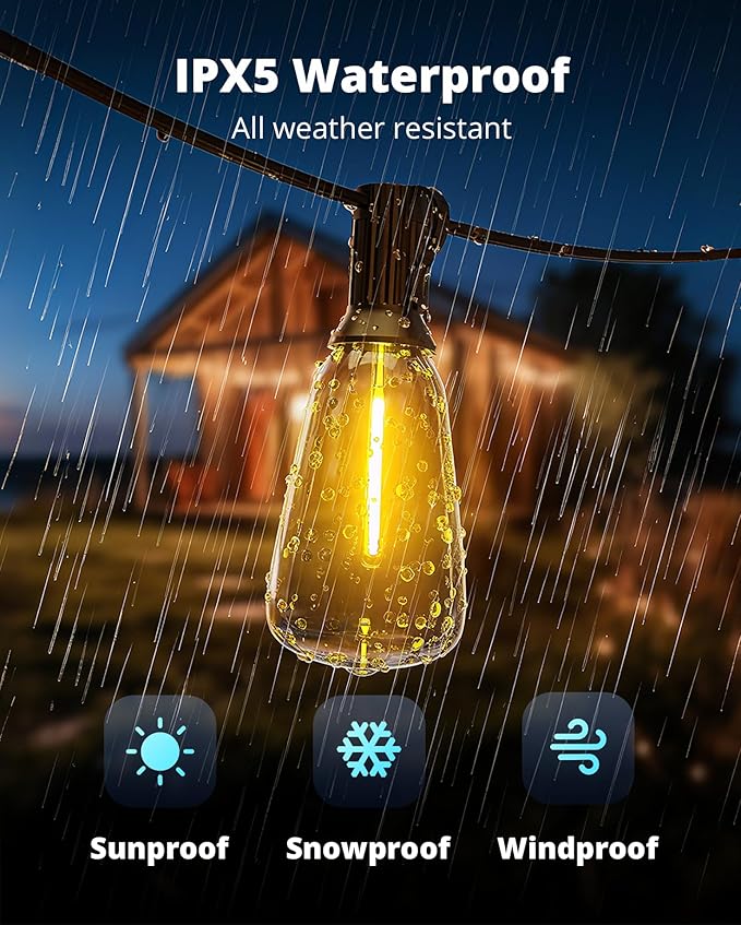 VIPAR Outdoor String Lights,100FT LED Patio Lights Waterproof 52 ST38 Bulbs | Shatterproof,Edison Outside Lights,Plug-In,2700K Dimmable, Connectable, Hanging Light for Porch Garden Backyard Deck Balcony