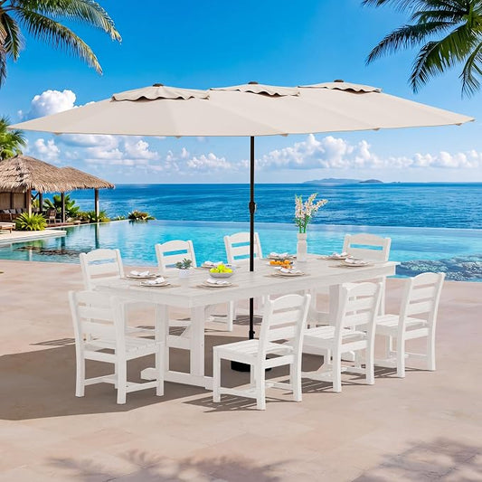 SERWALL 10 Piece Outdoor Dining Set with 15ft Triple-Head Foldable Umbrella(Based not Included), 84" HDPE Outdoor Table and Armless Chairs Set for 8, White