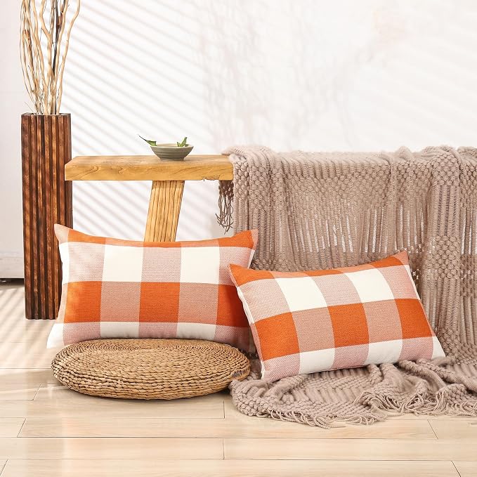 Orange Fall Decor Outdoor Plaid Fall Lumbar Pillow Covers 12x20 for Porch | Set of 2 Pillow Cover 12 x 20, Fall Lumbar Decorative Pillows for Bed Couch, Fall Cottage Core Decor, Vintage Pillow Covers
