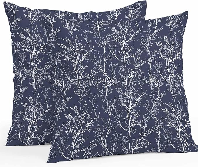 Navy Blue Branches Waterproof Outdoor Pillow Covers Set of 2 Home Decor, Abstract Art Leaves Plant Lumbar Pillowcase Patio Pillow Covers for Couch Bench Patio Furniture Garden 20x20in