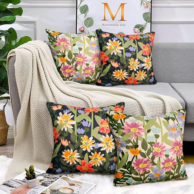 Pyonic Outdoor Pillows Waterproof Cover Pack of 2 Floral Waterproof Throw Pillows 18x18 inch for Patio Furniture Garden Furniture,Balck