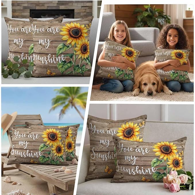 Sunflower Outdoor Waterproof Throw Pillow Covers Set of 2, 26"x26", You are My Sun Shine Vintage Brown Wood Board Decorative Pillow Covers Outside Cushion Case for Patio Porch Garden
