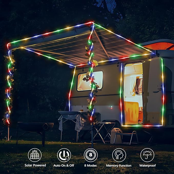 Jnaurb Solar Rope Lights, 66ft 200LED Solar String Lights, 8 Modes Waterproof Solar Outdoor Light, Flexible Clear Trampoline Light for Garden Backyard Patio Deck Porch Pool Tree Decor - Multicolor