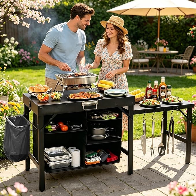 Grill Table Compatible with Blackstone Griddles, Portable Foldable Griddle Stand with Storage Shelf, Heavy Duty Camping Kitchen Table for Outdoor Cooking, BBQ, Camping and Patio, Black
