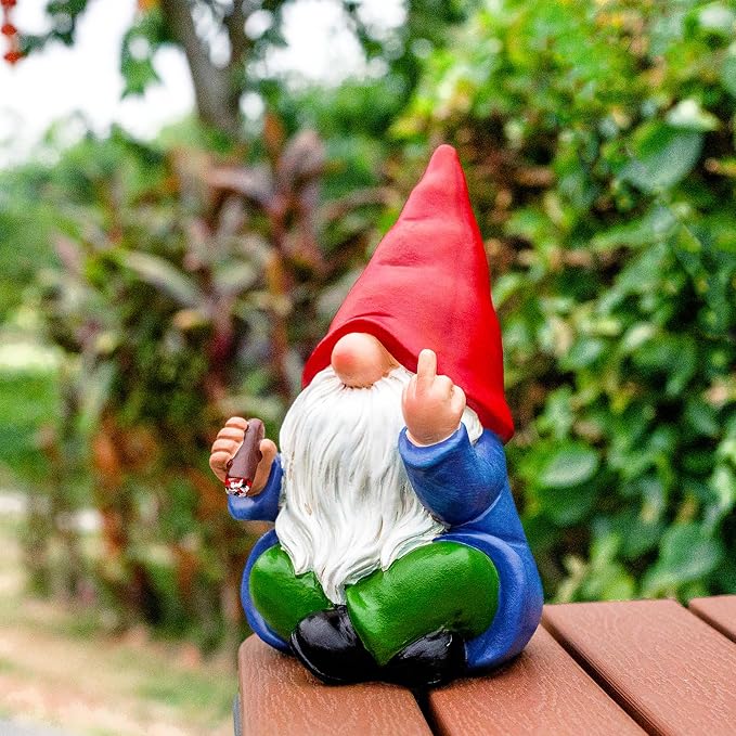 Middle Finger Gnome Statue 6.3in, Funny Smoking Garden Gnomes Yard Home Decoration - Hilarious Gag Birthday Gifts for Men Women, White Elephant Party - Indoor/Outdoor Decor