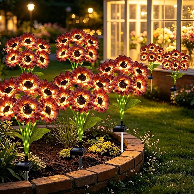 MRHEPHAESTUS Solar Garden Lights Outdoor, 4 Pack Solar Brown Sunflower Lights with 18 Head 3.5 Inch Flowers, Waterproof Flowers Light Fall Decor Auto ON/Off for Garden Yard Patio, Gifts for Mom Women