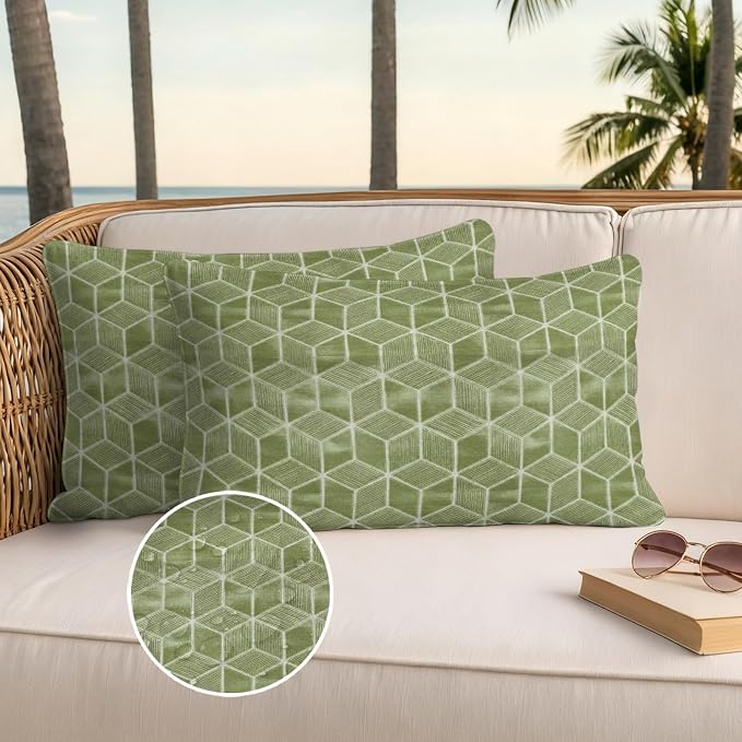 Green Honeycomb Tiling Waterproof Outdoor Pillow Covers Set of 2 Home Decor, Wooden Grain Blocks Lumbar Pillowcase Patio Pillow Covers for Couch Bench Patio Furniture Garden 20x12in