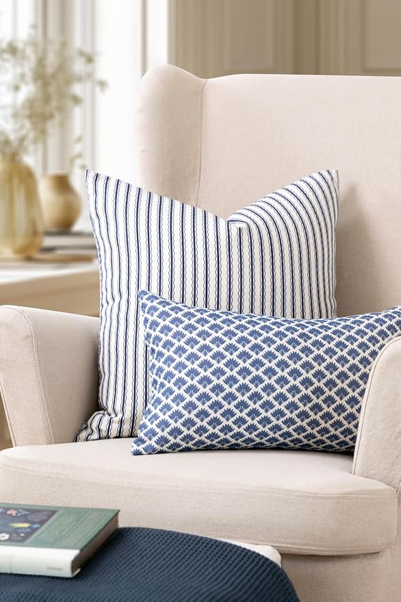California Casual Coastal Indoor Outdoor Lumbar Pillow Cover, 12"x20" Water Repellent for Patio, Backyard, Couch, Poolside, Azure Blue Print Ravenala Palm Tree