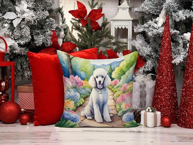 Caroline's Treasures White Poodle Spring Path Throw Pillow Machine Washable, Indoor Outdoor Decorative Pillow for Couch, Bed or Patio, 14Hx14W