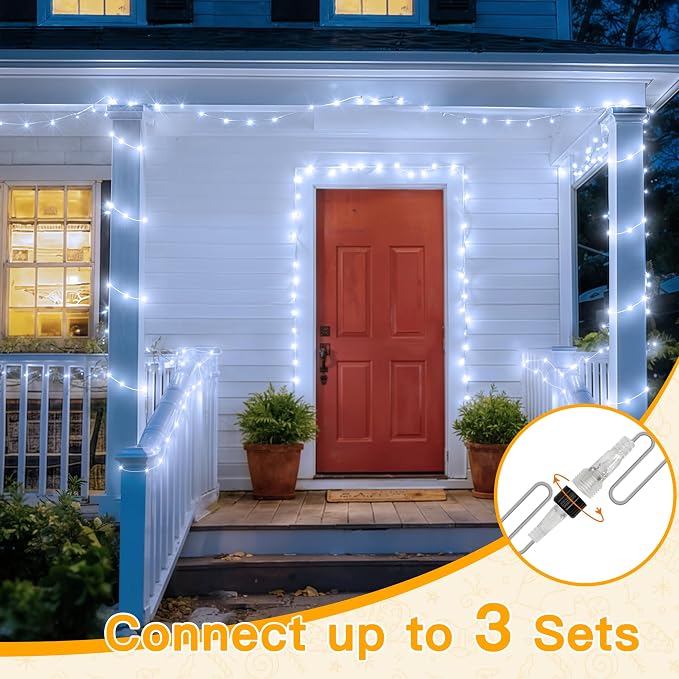 Ollny Christmas Lights 200LED 60FT Indoor, Cool White Connectable Plug in String Light Outdoor, 8 Modes Waterproof Timer LED Fairy Lights for House Outside Bedroom Patio Balcony