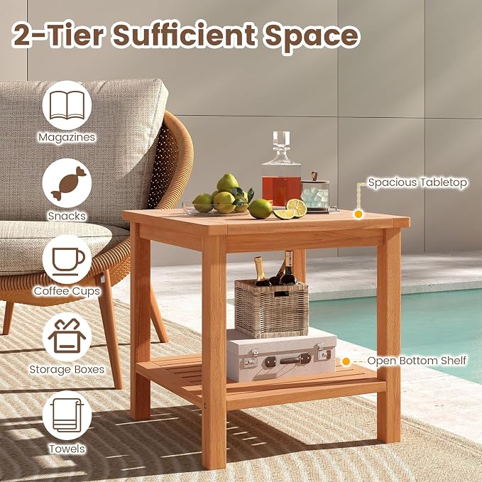 HAPPYGRILL Acacia Wood Outdoor Side Table, 2-Tier Indoor End Table with Spacious Tabletop and Slatted Storage Rack, Square Wood Table for Poolside, Living Room, Porch, Balcony and Garden (2)
