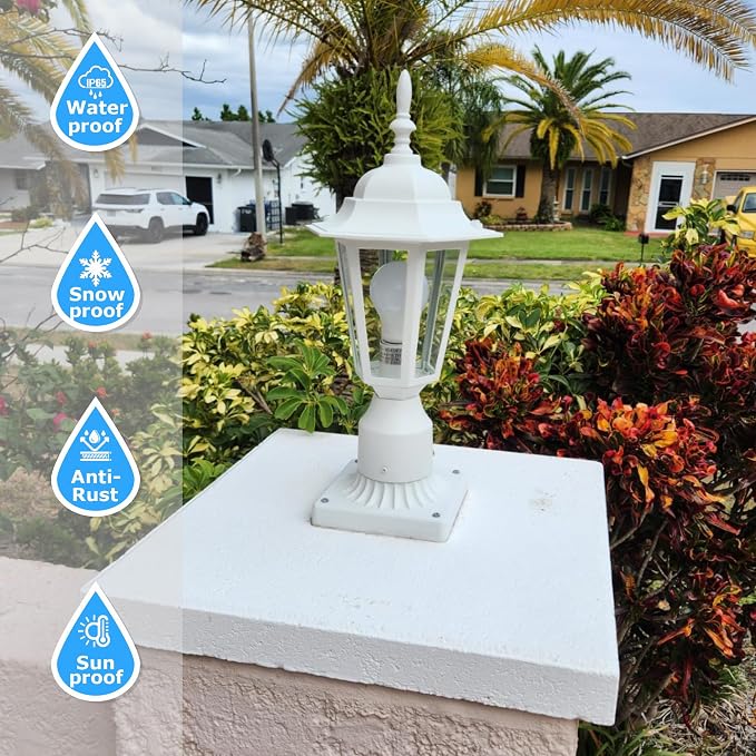 Outdoor Post Light, Rustproof Aluminum Pole Lamp, White | Exterior Lamp Post Light Fixture for Garden, Yard, Pathway, Waterproof, Glass, E26 Base, Max 60W, 2 Pack
